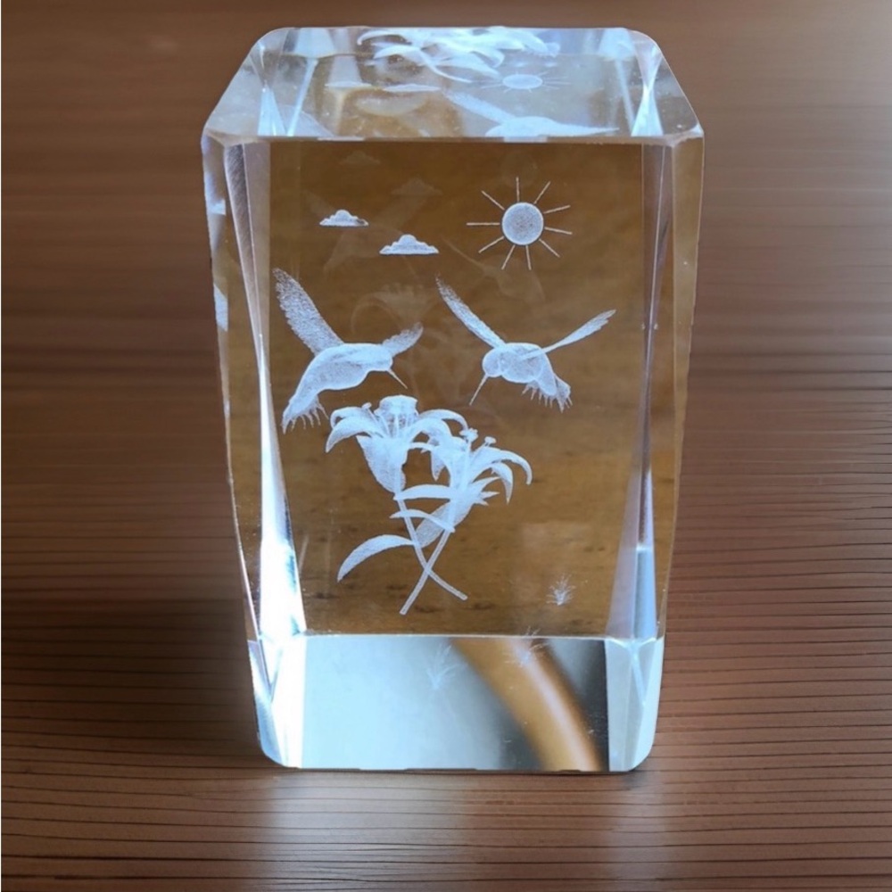 Clear Paperweight 3D Hummingbirds Laser Etched Crystal Block EUC